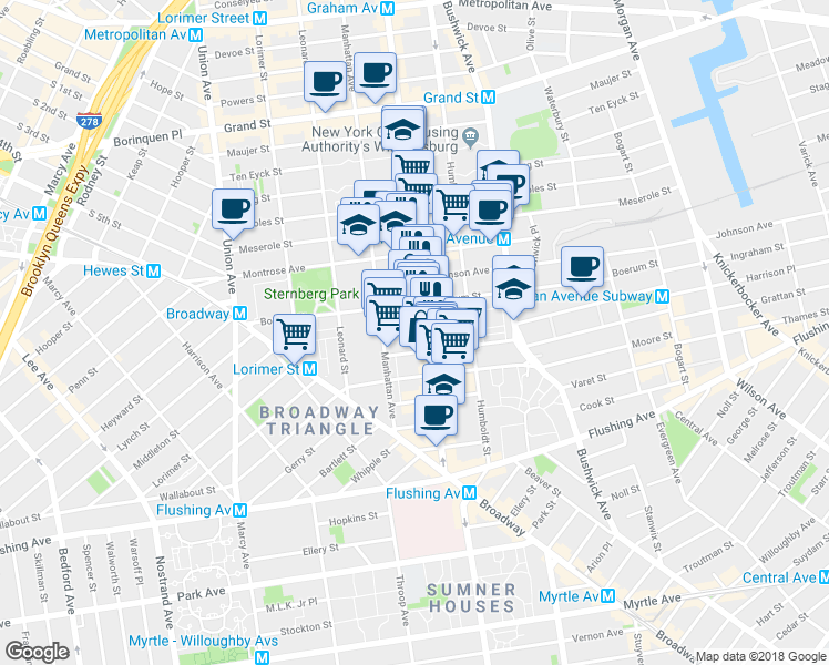 map of restaurants, bars, coffee shops, grocery stores, and more near 124 Boerum Street in Brooklyn