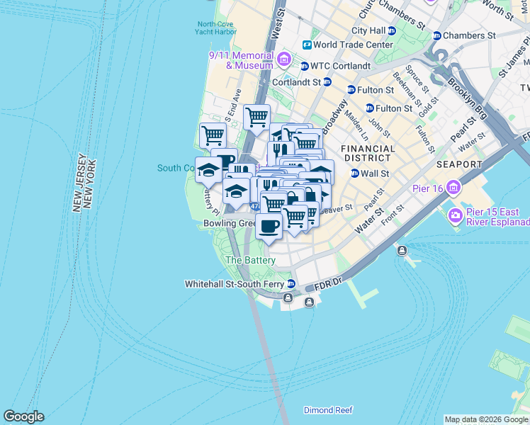 map of restaurants, bars, coffee shops, grocery stores, and more near 90 Broad Street in New York