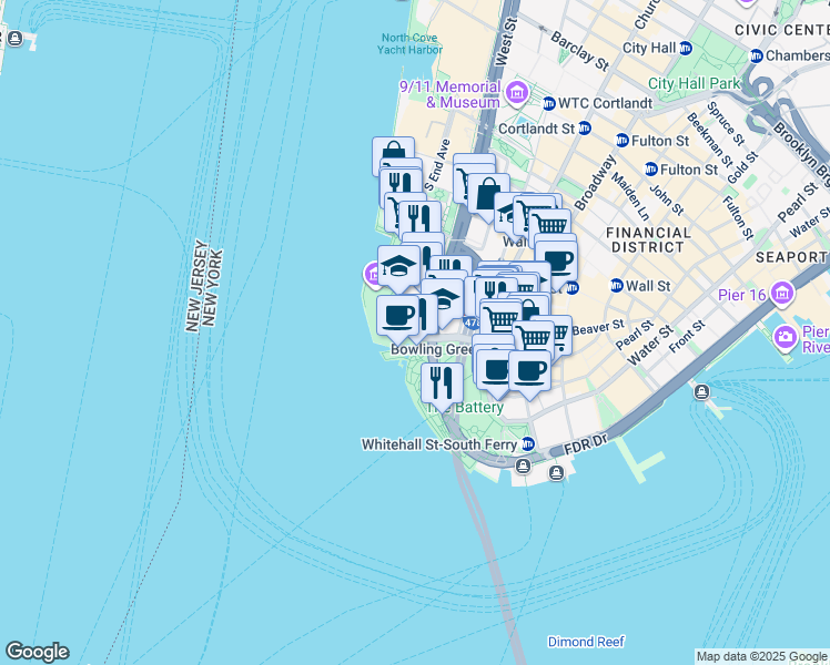 map of restaurants, bars, coffee shops, grocery stores, and more near 25 Battery Place in New York