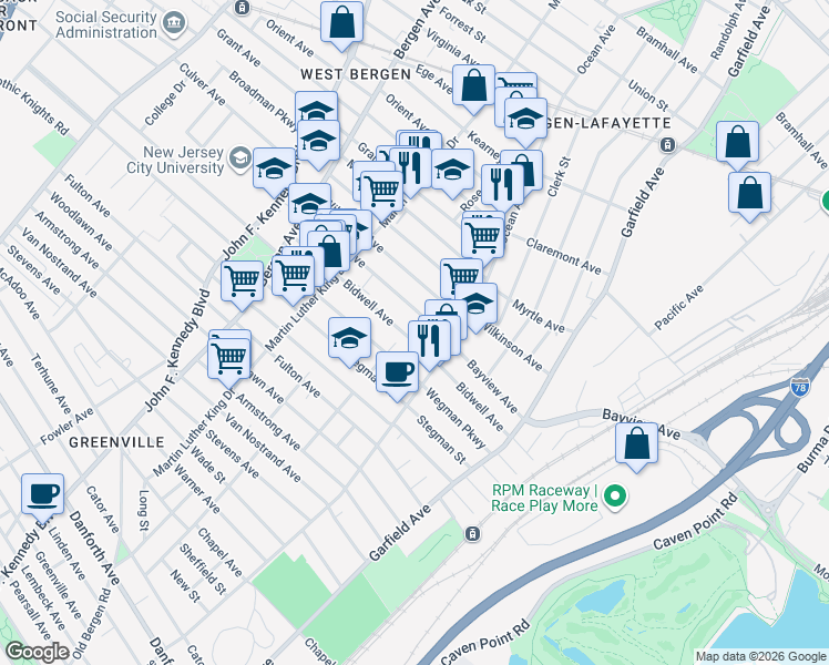 map of restaurants, bars, coffee shops, grocery stores, and more near 116 Bayview Avenue in Jersey City