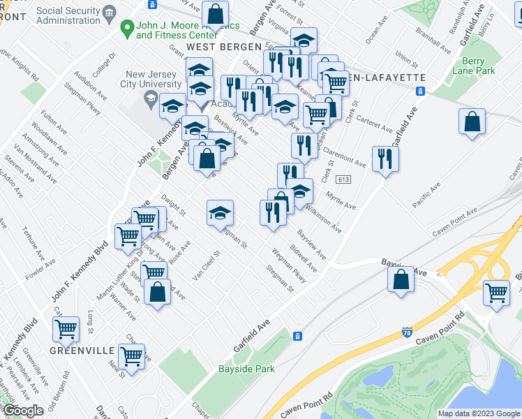 map of restaurants, bars, coffee shops, grocery stores, and more near 114A Bayview Avenue in Jersey City