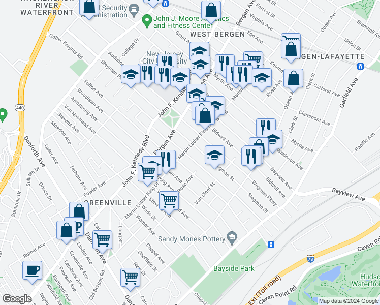 map of restaurants, bars, coffee shops, grocery stores, and more near 158 Martin Luther King Drive in Jersey City