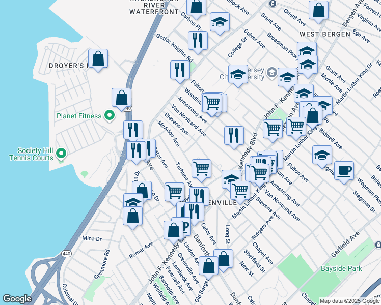 map of restaurants, bars, coffee shops, grocery stores, and more near 86 Sterling Avenue in Jersey City