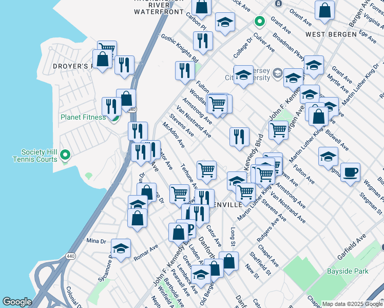 map of restaurants, bars, coffee shops, grocery stores, and more near 184 McAdoo Avenue in Jersey City