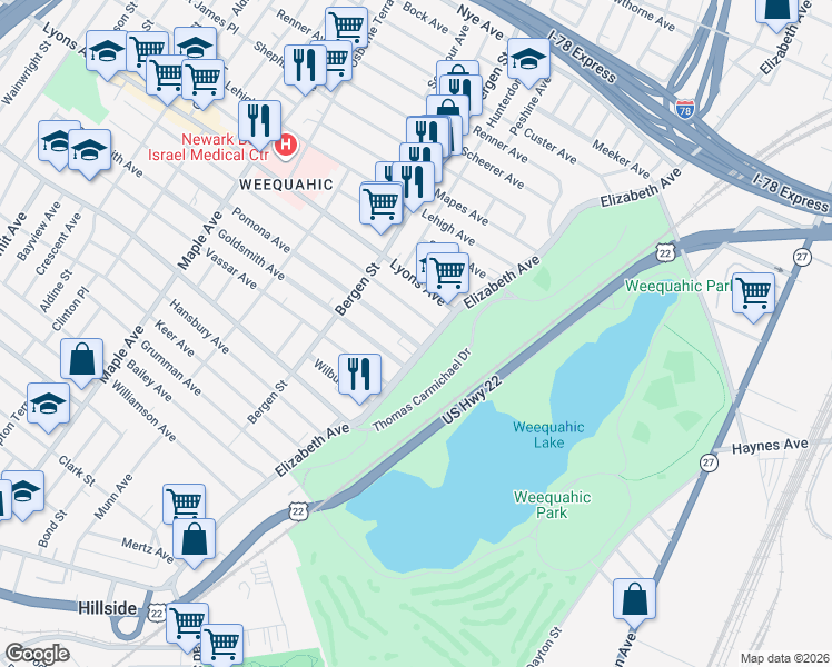 map of restaurants, bars, coffee shops, grocery stores, and more near 28-30 Weequahic Avenue in Newark