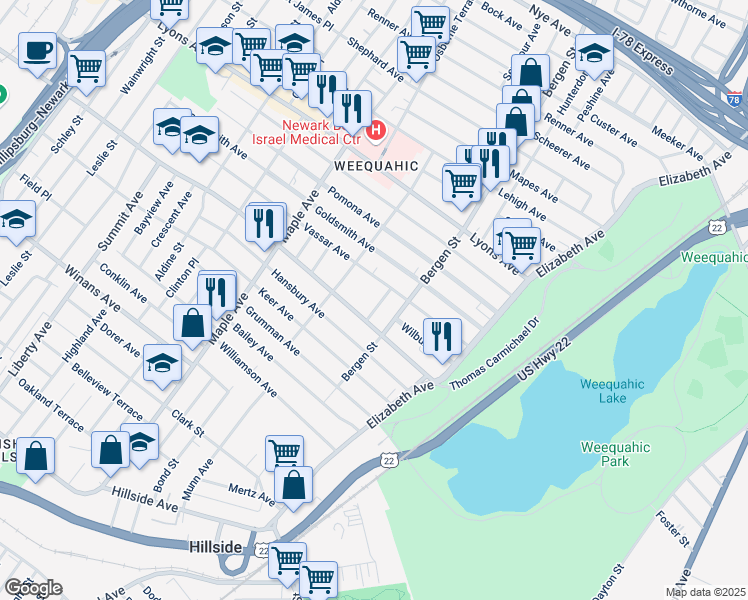 map of restaurants, bars, coffee shops, grocery stores, and more near 96-98 Vassar Avenue in Newark