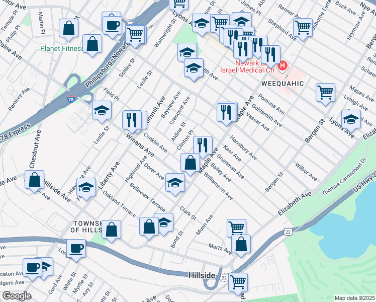 map of restaurants, bars, coffee shops, grocery stores, and more near 1606 Compton Place in Hillside