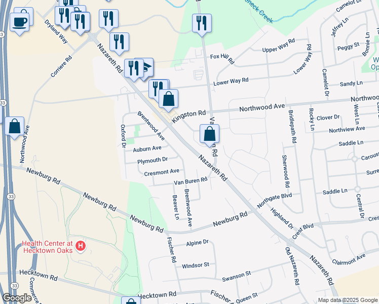 map of restaurants, bars, coffee shops, grocery stores, and more near 3453 Nazareth Road in Easton