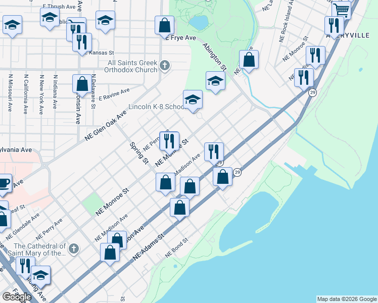 map of restaurants, bars, coffee shops, grocery stores, and more near 1500 Northeast Monroe Street in Peoria