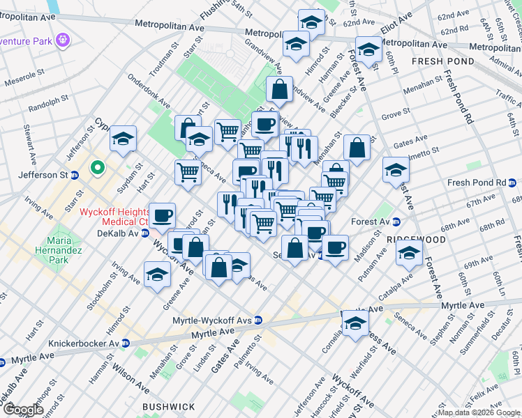 map of restaurants, bars, coffee shops, grocery stores, and more near Bleecker Street & Seneca Avenue in Queens