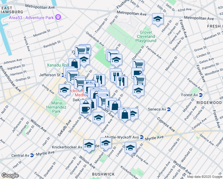 map of restaurants, bars, coffee shops, grocery stores, and more near 400 Stanhope Street in Brooklyn
