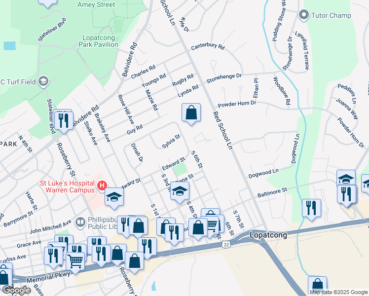 map of restaurants, bars, coffee shops, grocery stores, and more near 424 Edward Street in Phillipsburg