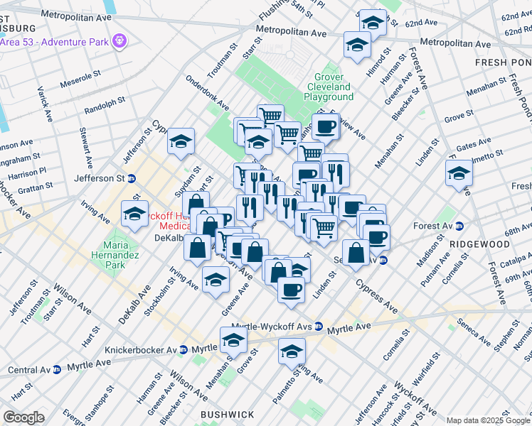 map of restaurants, bars, coffee shops, grocery stores, and more near 17-16 Himrod Street in Queens