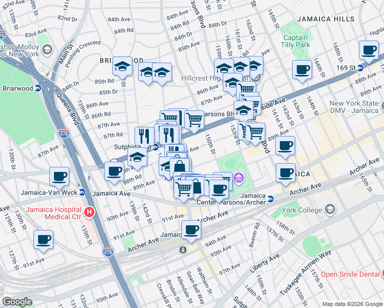 map of restaurants, bars, coffee shops, grocery stores, and more near 88-09 148th Street in Queens