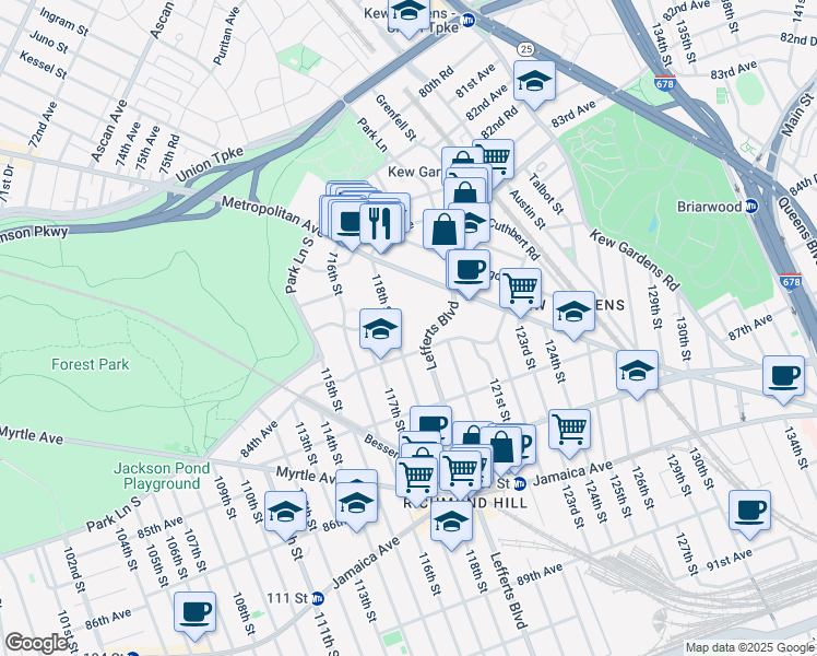 map of restaurants, bars, coffee shops, grocery stores, and more near 83-83 118th Street in Queens