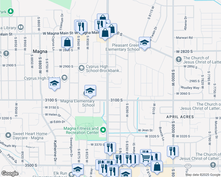 map of restaurants, bars, coffee shops, grocery stores, and more near 3031 South 8400 West in Magna