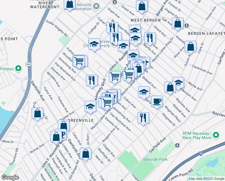 map of restaurants, bars, coffee shops, grocery stores, and more near 54 Bergen Avenue in Jersey City