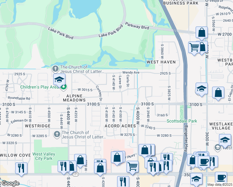 map of restaurants, bars, coffee shops, grocery stores, and more near 4131 Dennis Drive in West Valley City