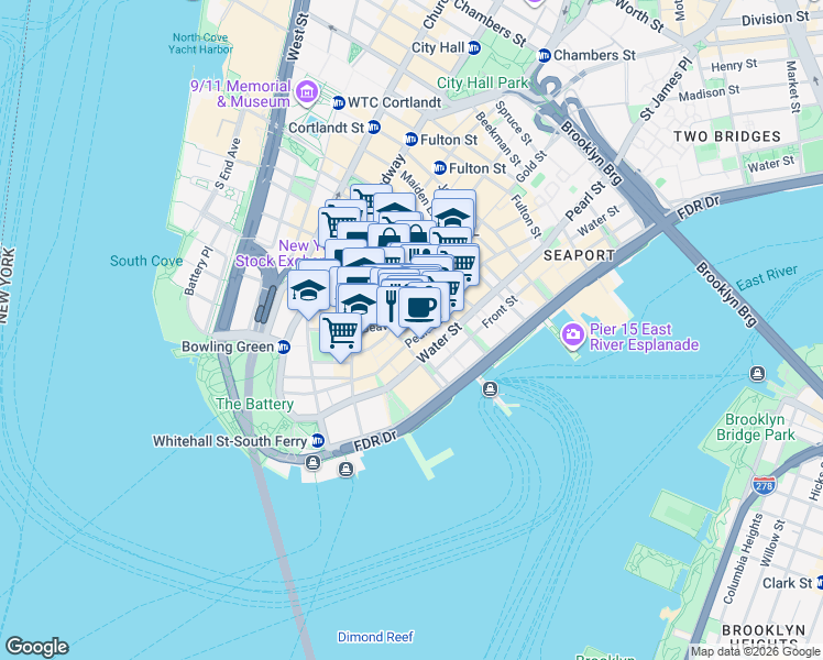 map of restaurants, bars, coffee shops, grocery stores, and more near 5 Hanover Square in New York