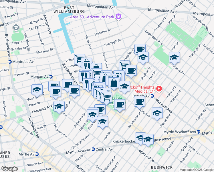 map of restaurants, bars, coffee shops, grocery stores, and more near 26 Irving Avenue in Brooklyn