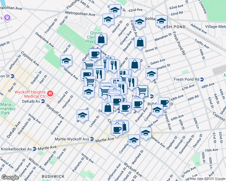 map of restaurants, bars, coffee shops, grocery stores, and more near 605 Onderdonk Avenue in Queens