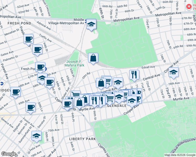 map of restaurants, bars, coffee shops, grocery stores, and more near 69-17 67th Place in Queens