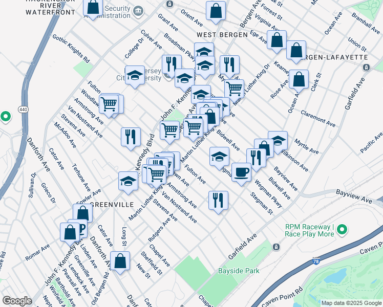 map of restaurants, bars, coffee shops, grocery stores, and more near 224 Dwight Street in Jersey City