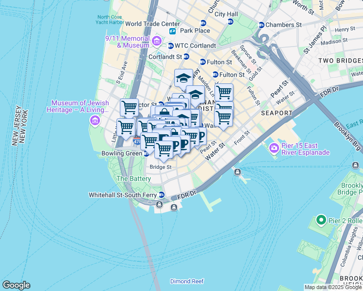 map of restaurants, bars, coffee shops, grocery stores, and more near 35 Beaver Street in New York