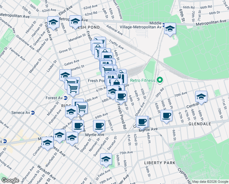 map of restaurants, bars, coffee shops, grocery stores, and more near 6715 Fresh Pond Road in Queens