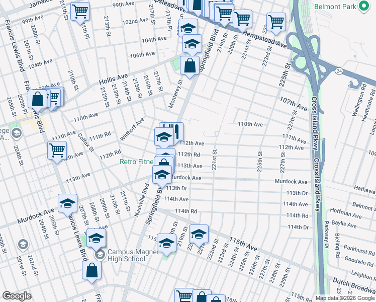 map of restaurants, bars, coffee shops, grocery stores, and more near 218-28 112th Avenue in Queens