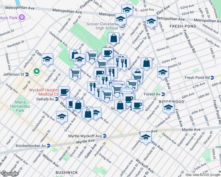 map of restaurants, bars, coffee shops, grocery stores, and more near 18-19 Bleecker Street in Queens