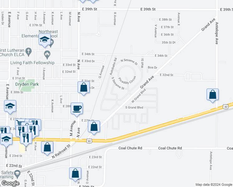 map of restaurants, bars, coffee shops, grocery stores, and more near 2900 Grand Avenue in Kearney