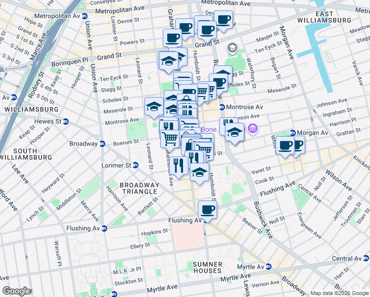 map of restaurants, bars, coffee shops, grocery stores, and more near in Brooklyn