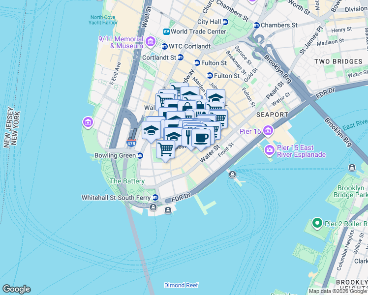 map of restaurants, bars, coffee shops, grocery stores, and more near 5 Hanover Square in New York