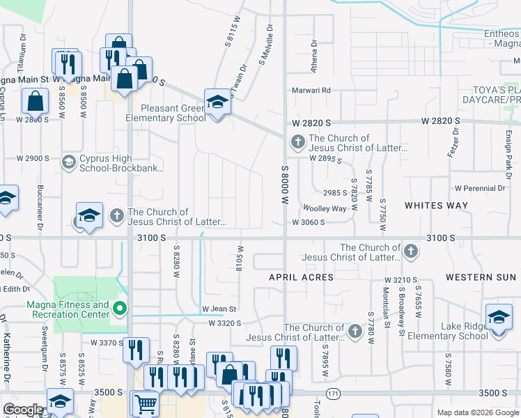 map of restaurants, bars, coffee shops, grocery stores, and more near 3040 Slate Rock Road in Magna