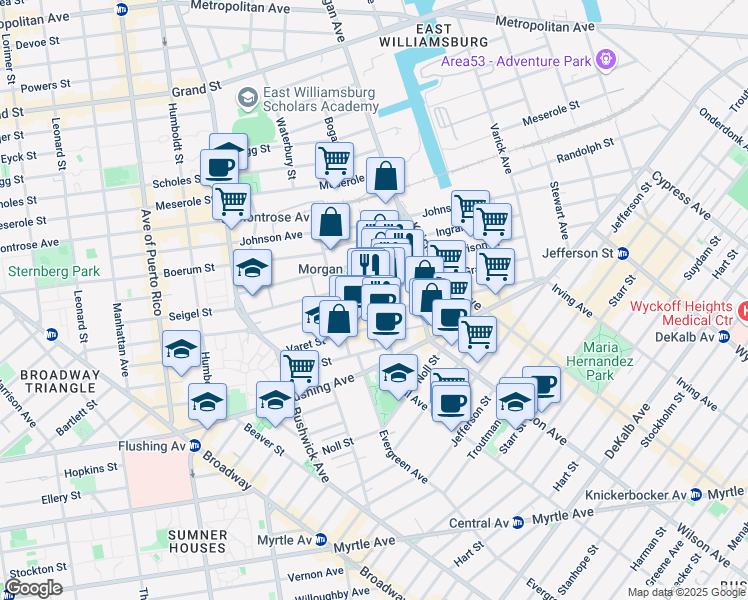 map of restaurants, bars, coffee shops, grocery stores, and more near 55 Bogart Street in Brooklyn