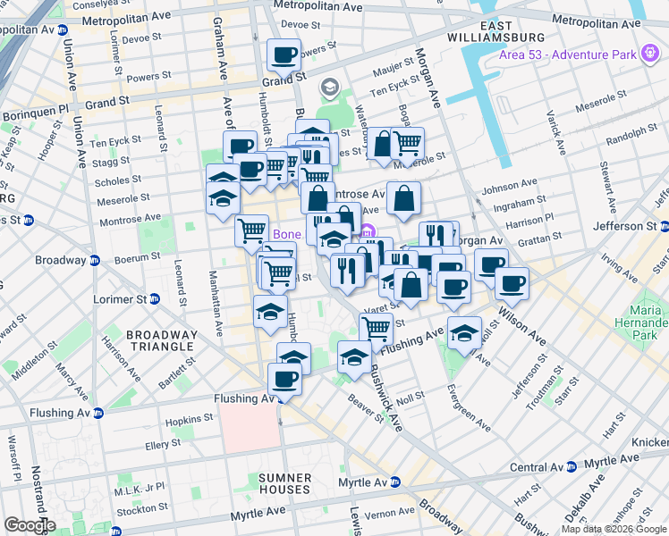 map of restaurants, bars, coffee shops, grocery stores, and more near 325 Bushwick Avenue in Brooklyn