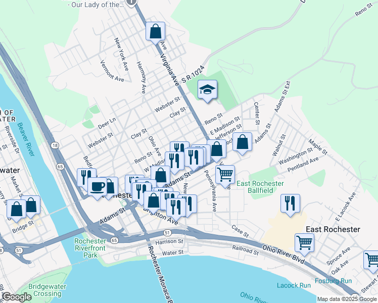 map of restaurants, bars, coffee shops, grocery stores, and more near 371 Pennsylvania Avenue in Rochester
