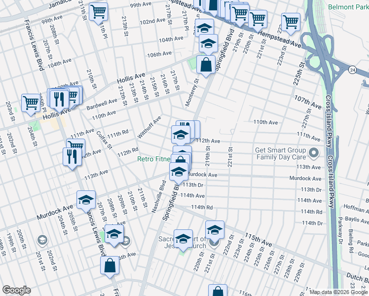map of restaurants, bars, coffee shops, grocery stores, and more near 112-10 Springfield Boulevard in Queens