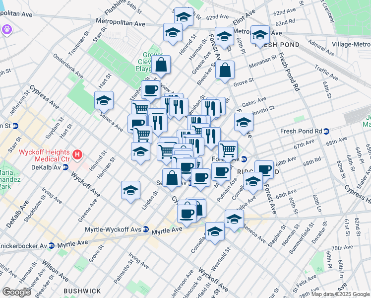 map of restaurants, bars, coffee shops, grocery stores, and more near 18-63 Linden Street in Queens
