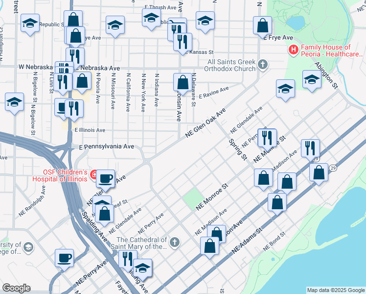 map of restaurants, bars, coffee shops, grocery stores, and more near 1400 North Wisconsin Avenue in Peoria