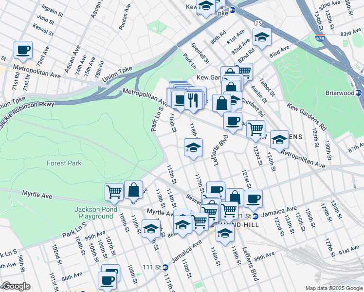 map of restaurants, bars, coffee shops, grocery stores, and more near 83-31 116th Street in Queens