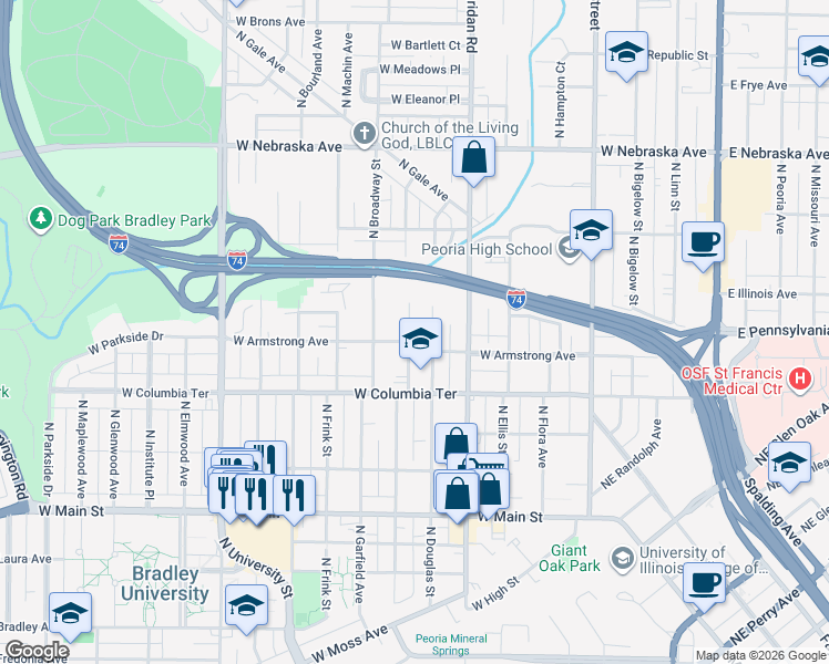 map of restaurants, bars, coffee shops, grocery stores, and more near 1404 North Bestor Street in Peoria