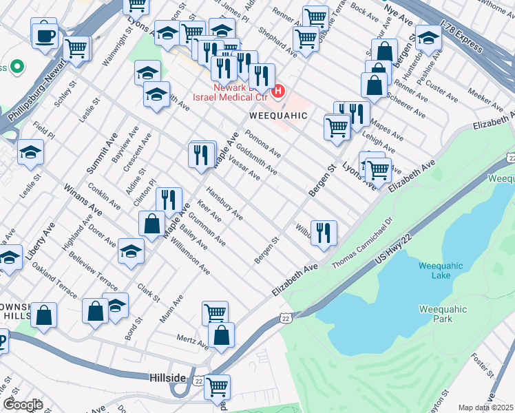 map of restaurants, bars, coffee shops, grocery stores, and more near 120 Parkview Terrace in Newark