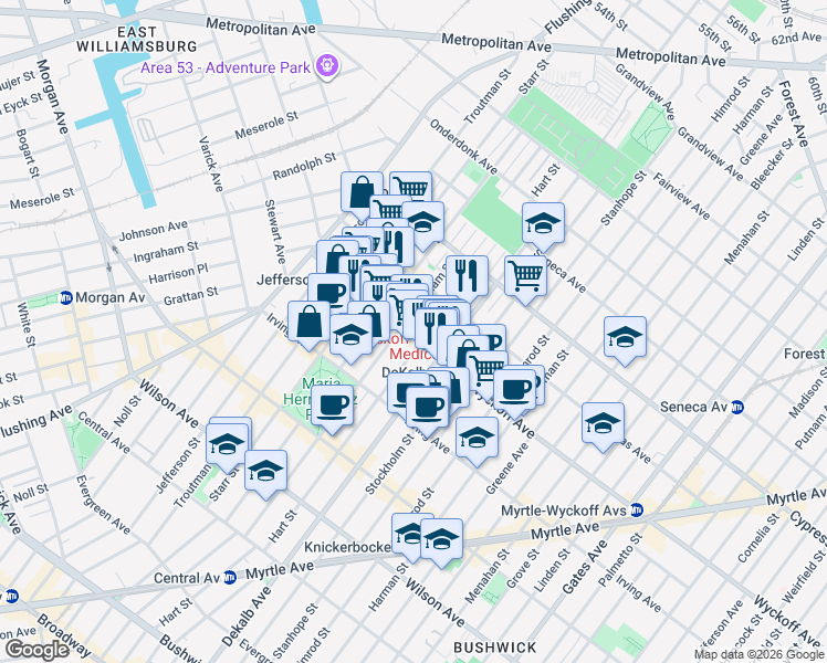 map of restaurants, bars, coffee shops, grocery stores, and more near 91 Wyckoff Avenue in Brooklyn