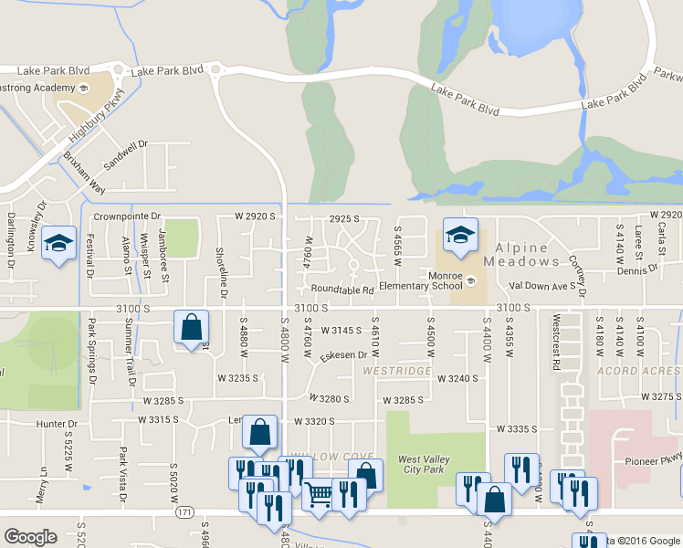 map of restaurants, bars, coffee shops, grocery stores, and more near 3038 Arthurs Court in West Valley City