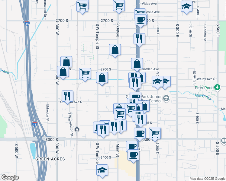 map of restaurants, bars, coffee shops, grocery stores, and more near 2992 South Main Street in South Salt Lake