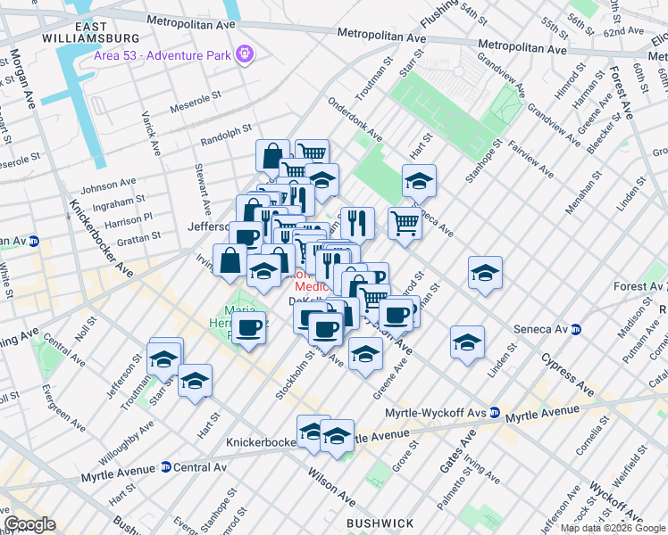 map of restaurants, bars, coffee shops, grocery stores, and more near in Brooklyn