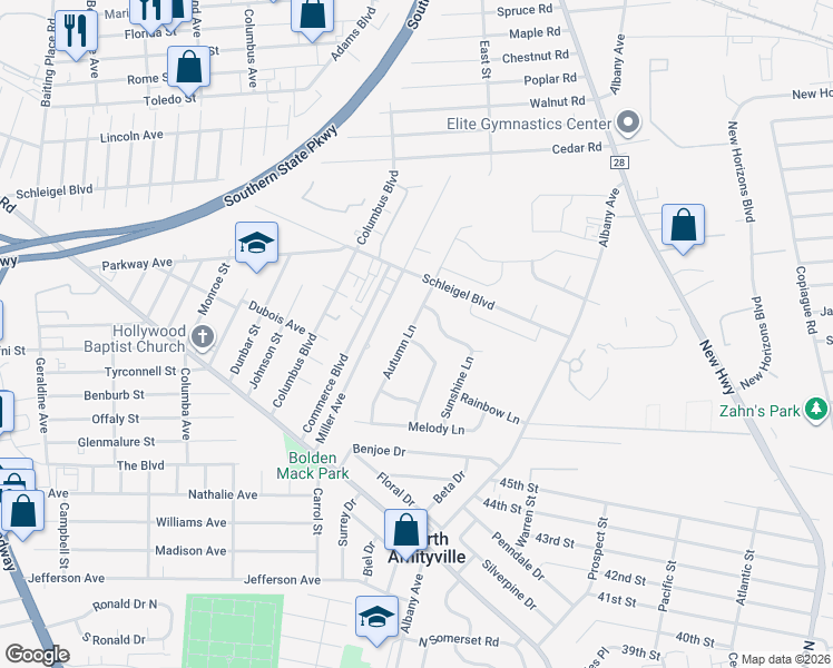 map of restaurants, bars, coffee shops, grocery stores, and more near 9 Autumn Lane in Amityville