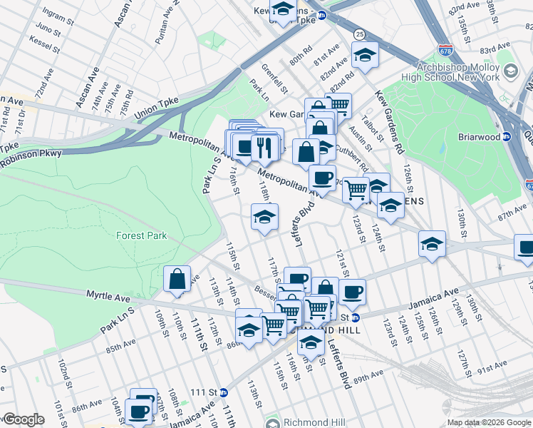 map of restaurants, bars, coffee shops, grocery stores, and more near 83-60 118th Street in Queens